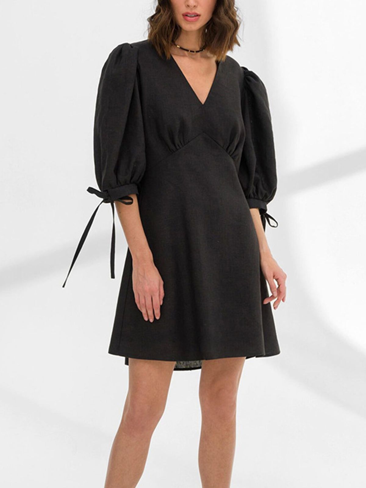 Cotton Linen Puff Sleeve Short Dress sold by COMMENSE