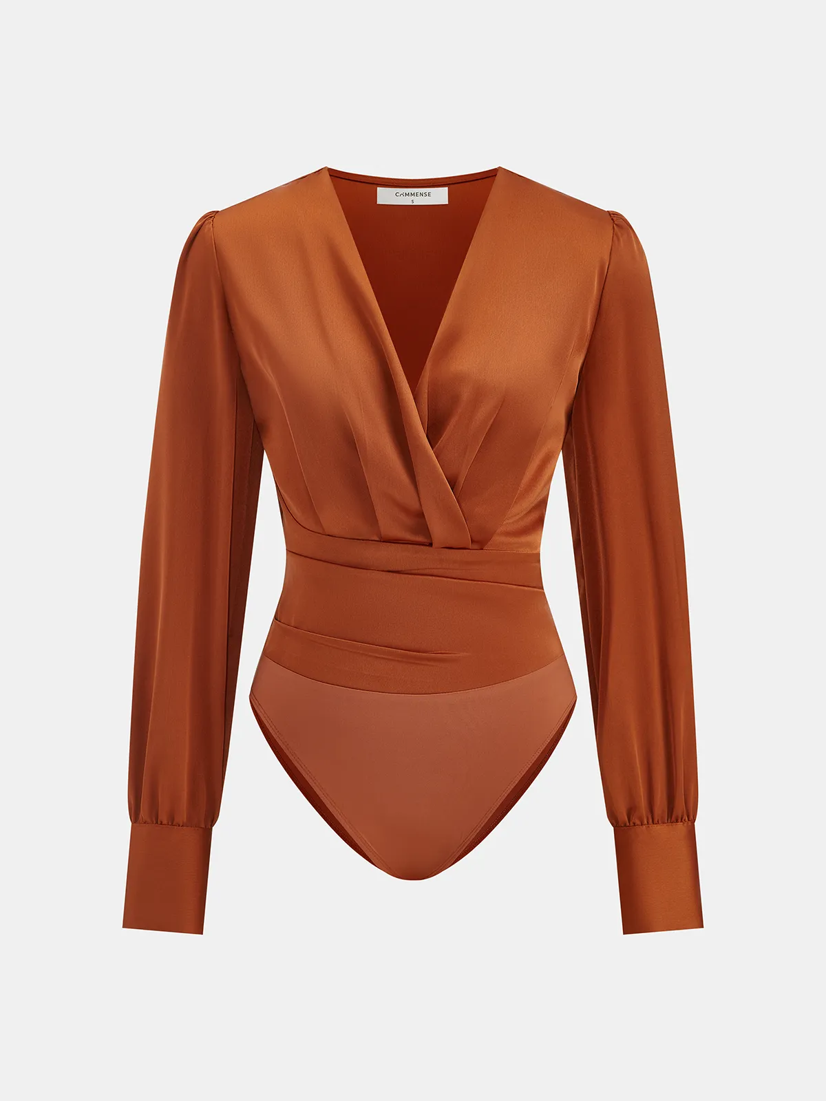 Satin V-Neck Long-Sleeve Ruched Bodysuit sold by COMMENSE