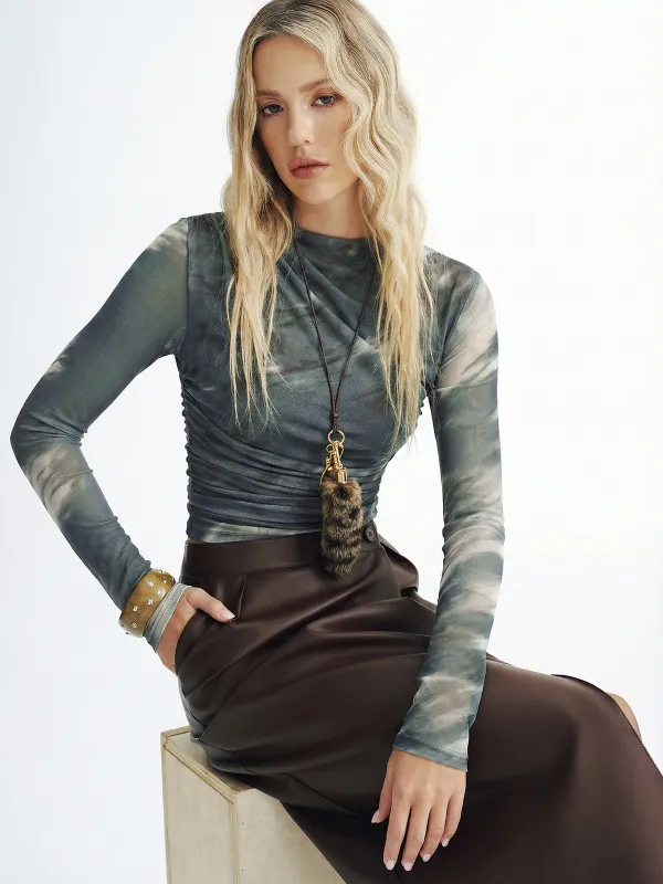 Tie-Dye Mesh Ruched Long-Sleeve Top sold by COMMENSE