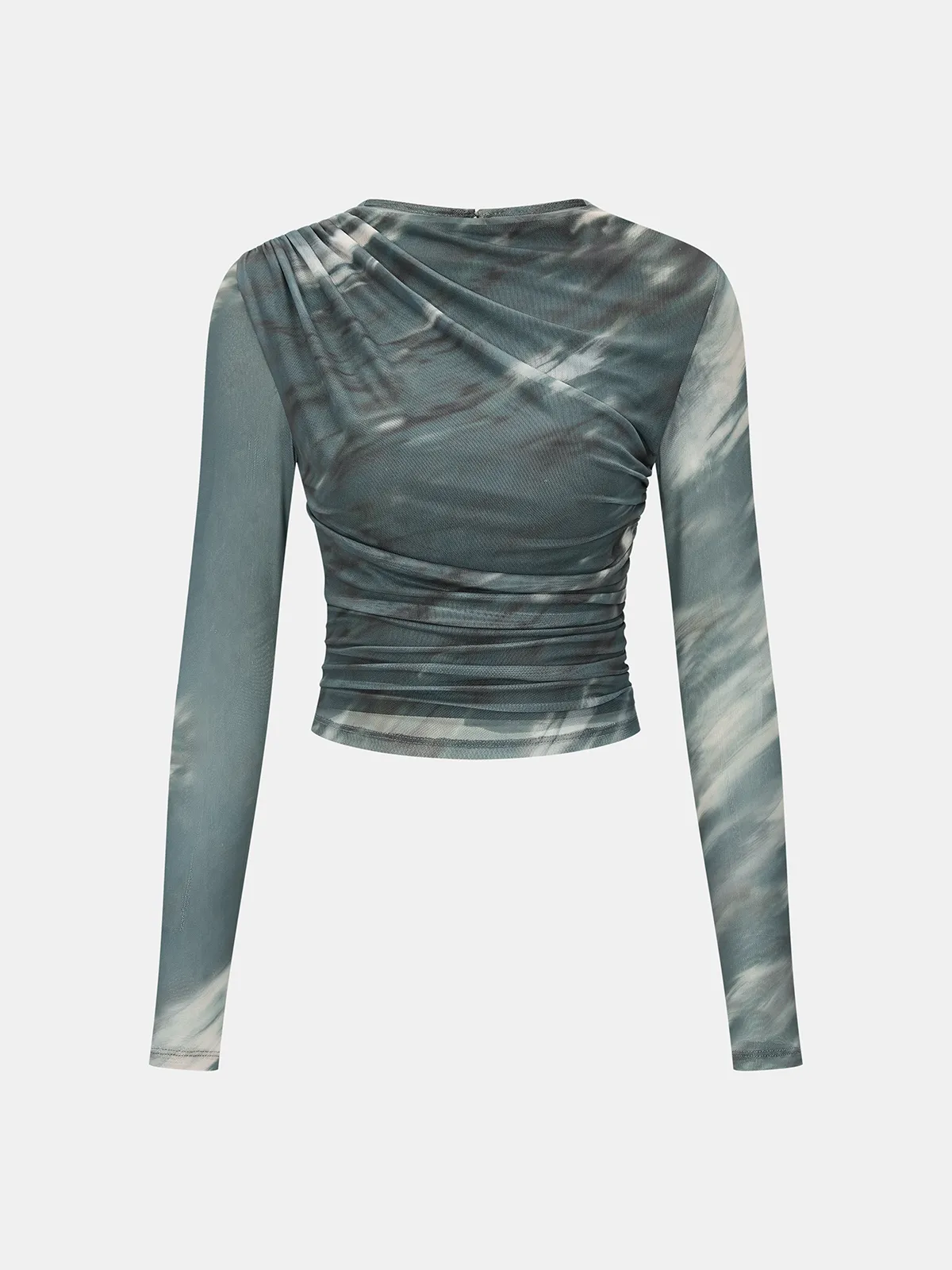 Tie-Dye Mesh Ruched Long-Sleeve Top sold by COMMENSE product image thumbnail 2