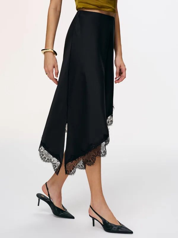 Satin Asymmetric Lace-Trim Midi Skirt sold by COMMENSE