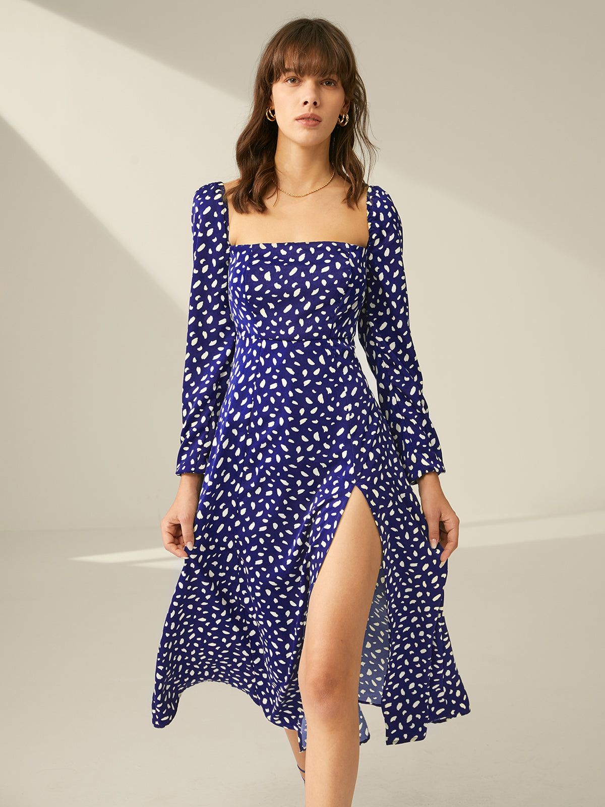 Square Neck Long Sleeve Patterned Slit Dress sold by COMMENSE product image thumbnail 3