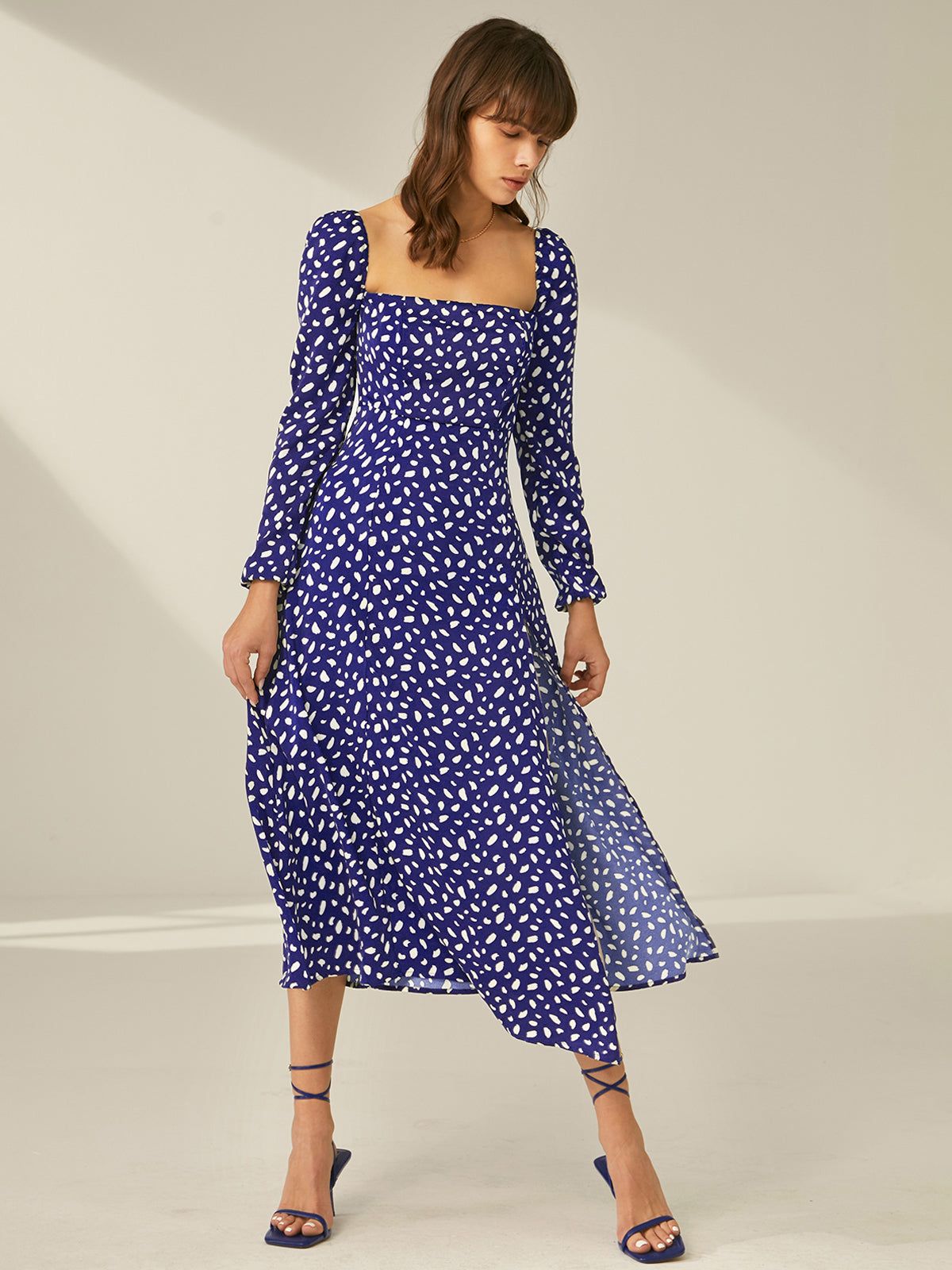 Square Neck Long Sleeve Patterned Slit Dress sold by COMMENSE product image thumbnail 4