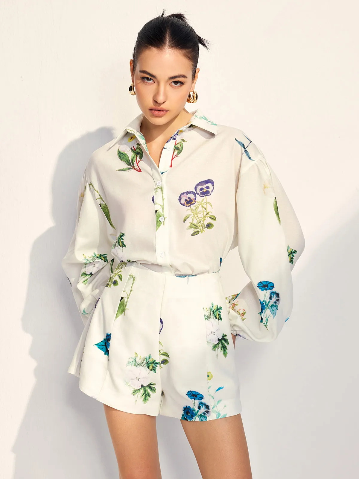 Floral Printed Lapel Long Sleeve Shorts Set sold by COMMENSE product image thumbnail 4