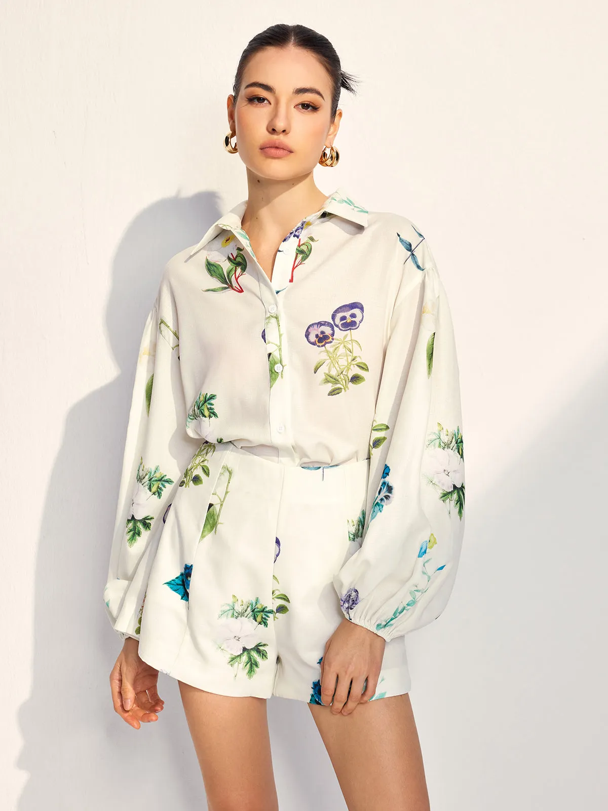 Floral Printed Lapel Long Sleeve Shorts Set sold by COMMENSE