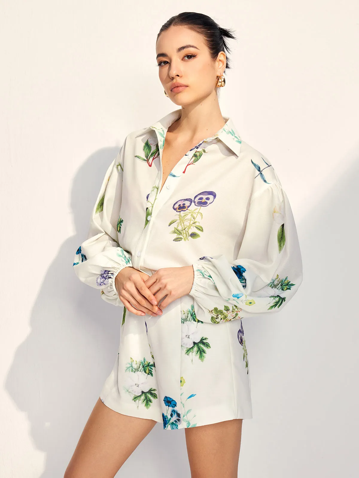 Floral Printed Lapel Long Sleeve Shorts Set sold by COMMENSE product image thumbnail 5