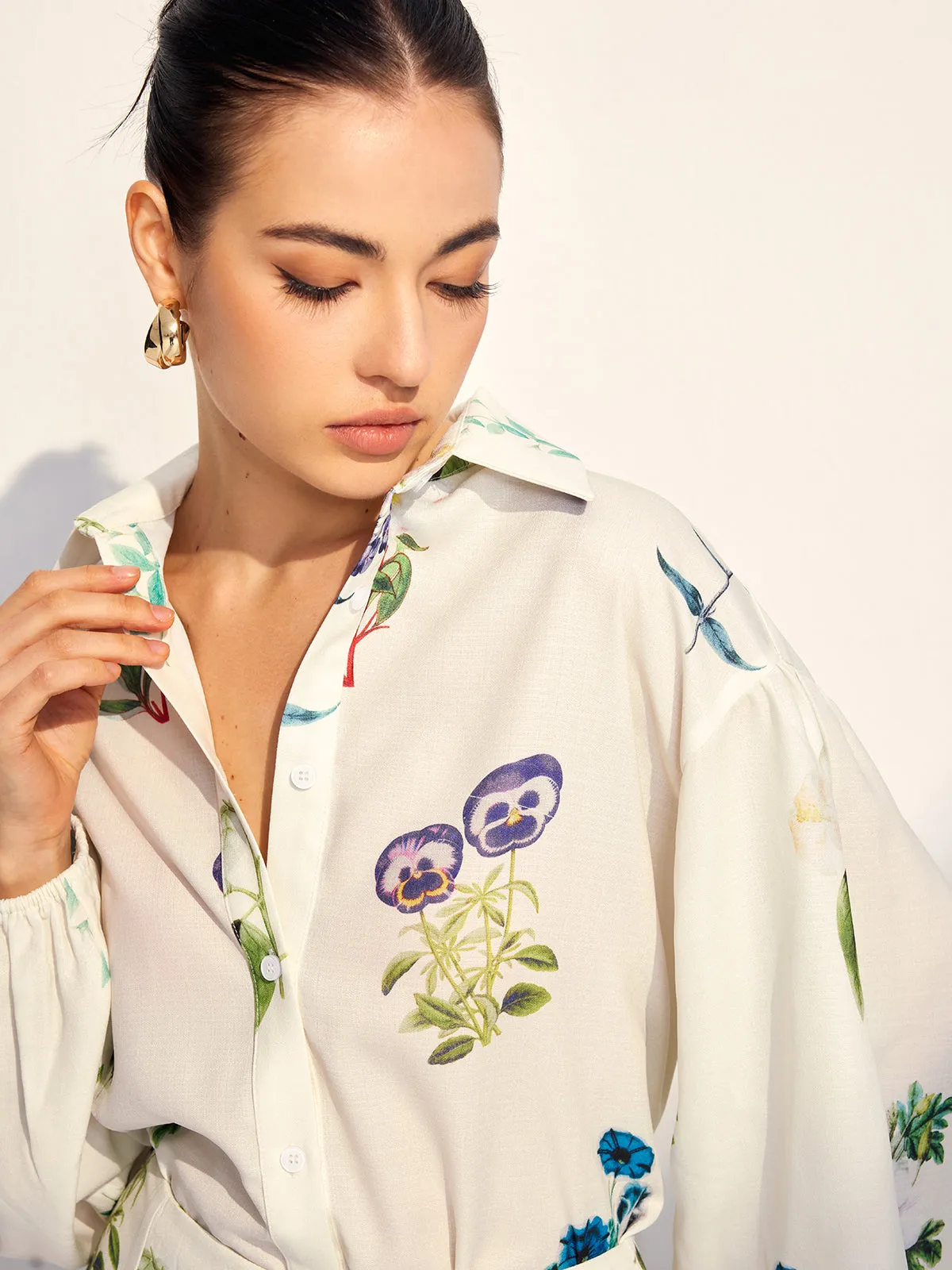 Floral Printed Lapel Long Sleeve Shorts Set sold by COMMENSE product image thumbnail 2