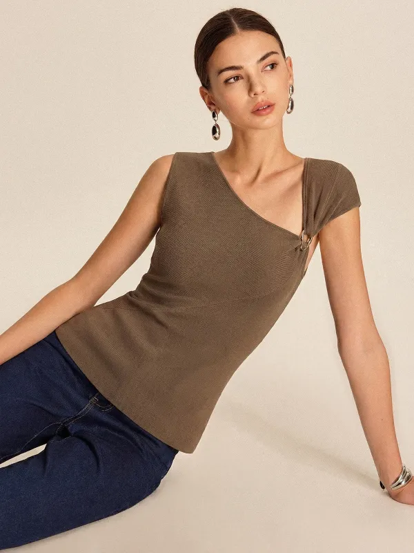 Metal Buckle Asymmetric Neckline Knit Top sold by COMMENSE