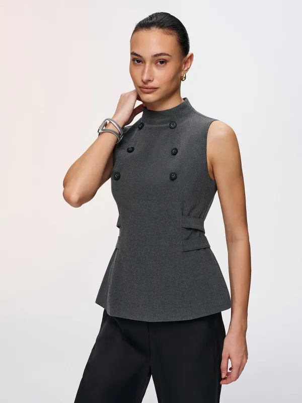 Button Detail Sleeveless Peplum Vest sold by COMMENSE
