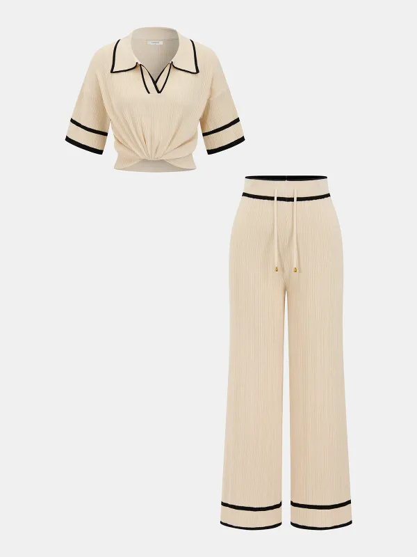Contrast Trim Polo Top & Drawstring Pant Set sold by COMMENSE