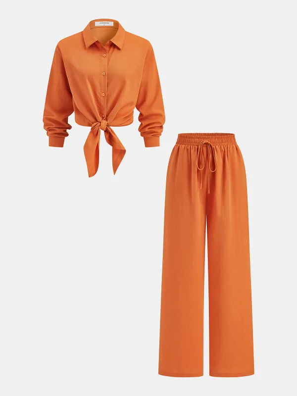 Knot-Front Shirt & Wide-Leg Pants Set made by COMMENSE
