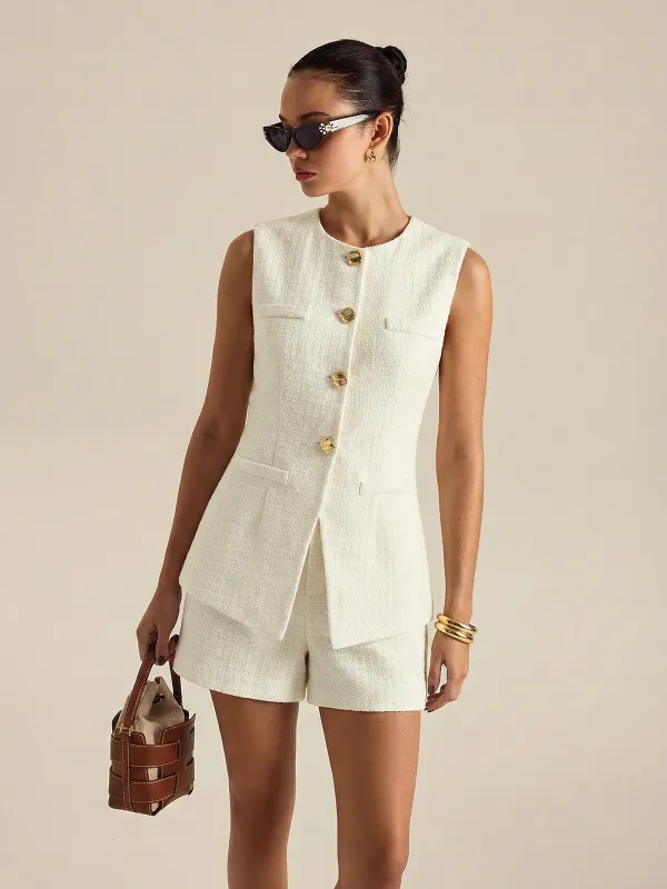 Metal Button Tweed Vest & Shorts Set sold by COMMENSE