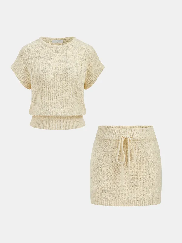 Textured Knit Top & Drawstring Mini Skirt Set sold by COMMENSE