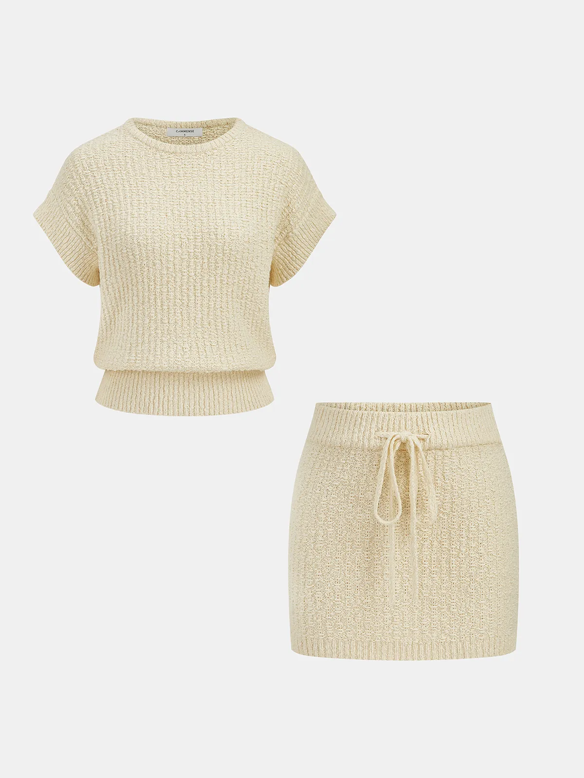 Textured Knit Top & Drawstring Mini Skirt Set sold by COMMENSE