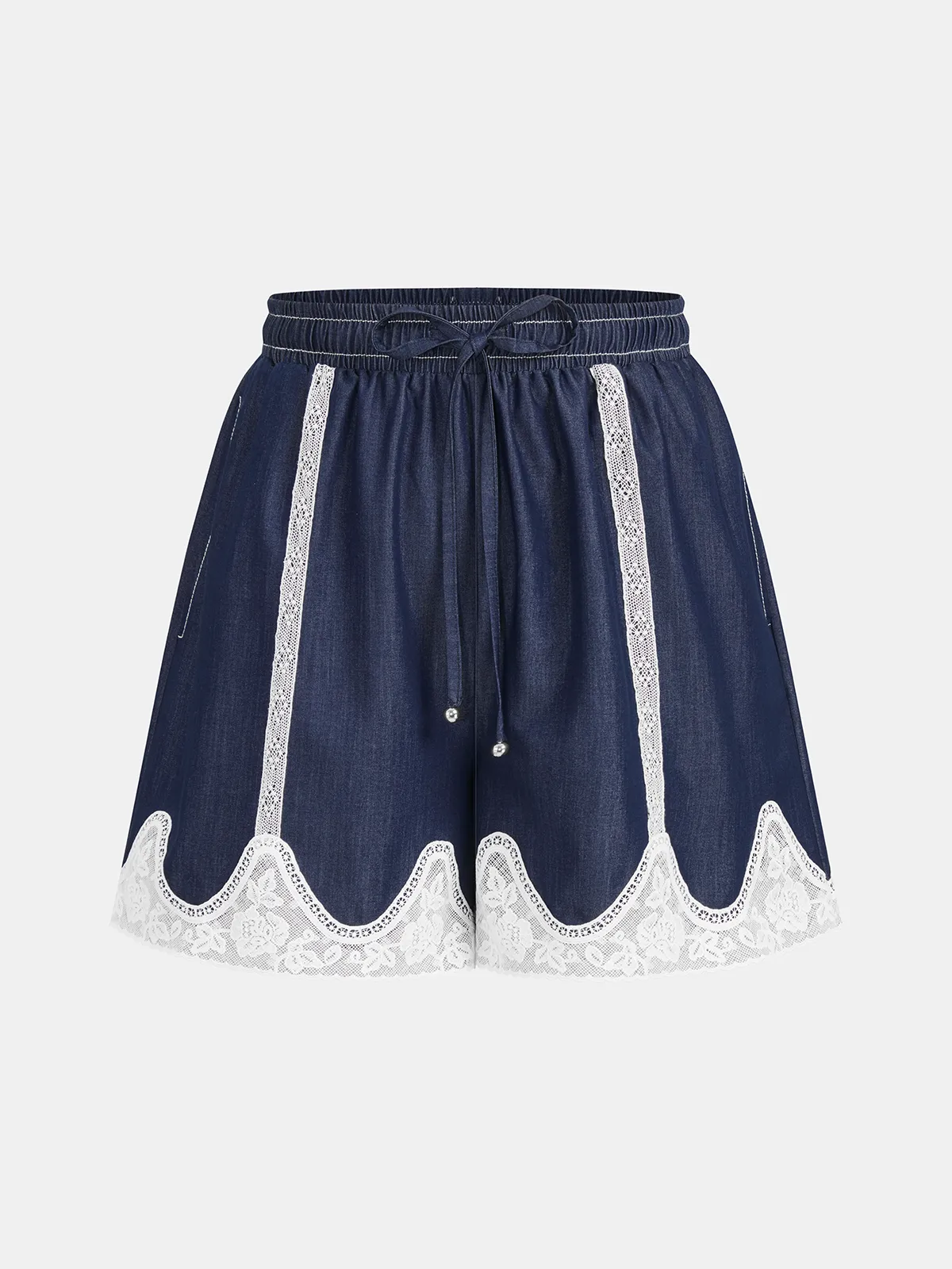 Lace Panel Faux Denim Shirt & Shorts Set sold by COMMENSE product image thumbnail 4