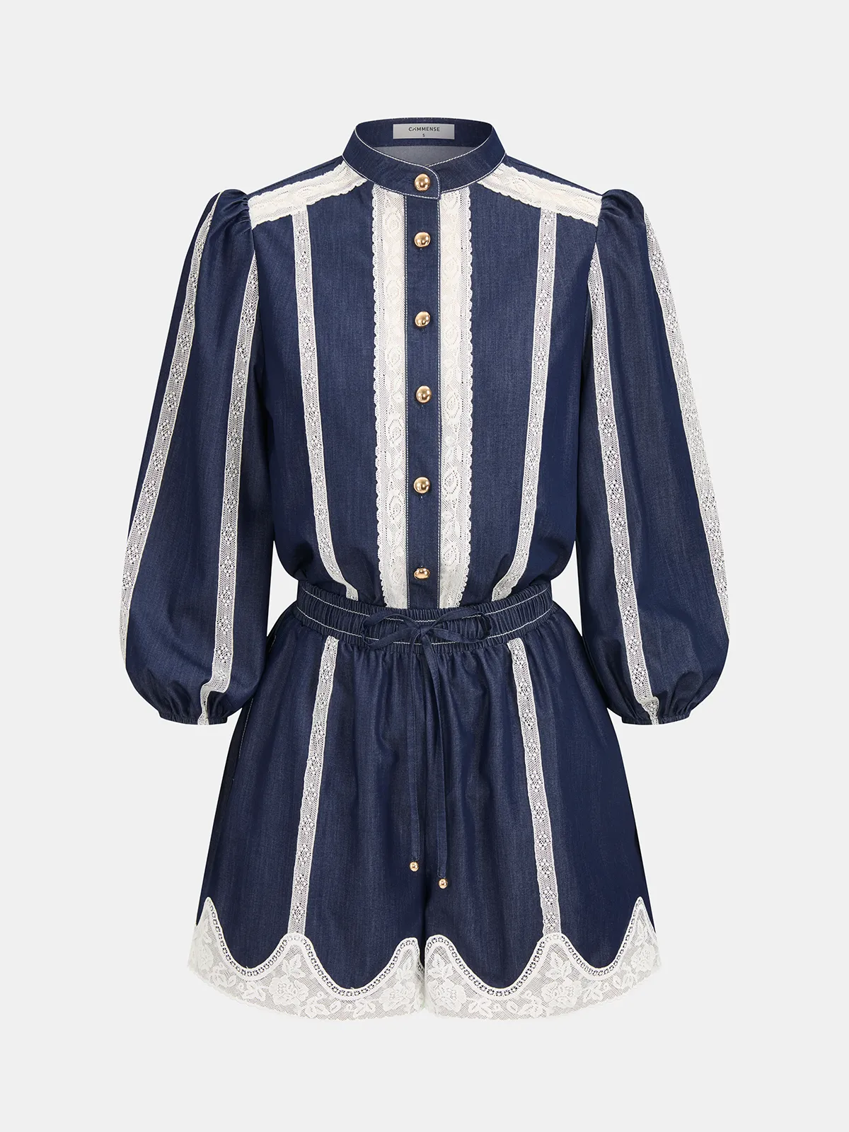 Lace Panel Faux Denim Shirt & Shorts Set sold by COMMENSE