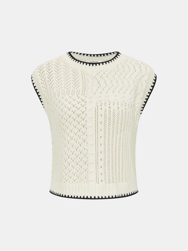 Contrast Trim Open-Knit Sleeveless Top sold by COMMENSE