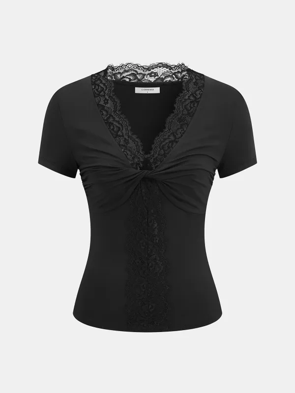 Lace Trim Twist Front Short Sleeve Top sold by COMMENSE