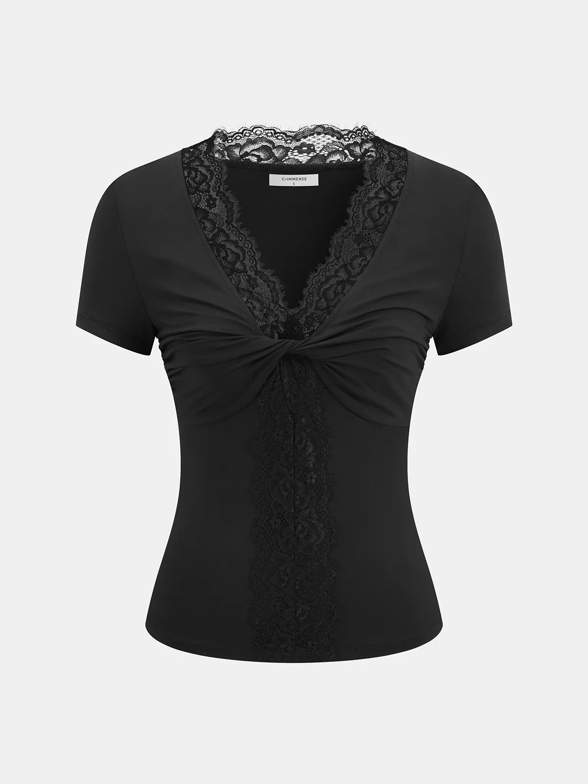 Lace Trim Twist Front Short Sleeve Top sold by COMMENSE