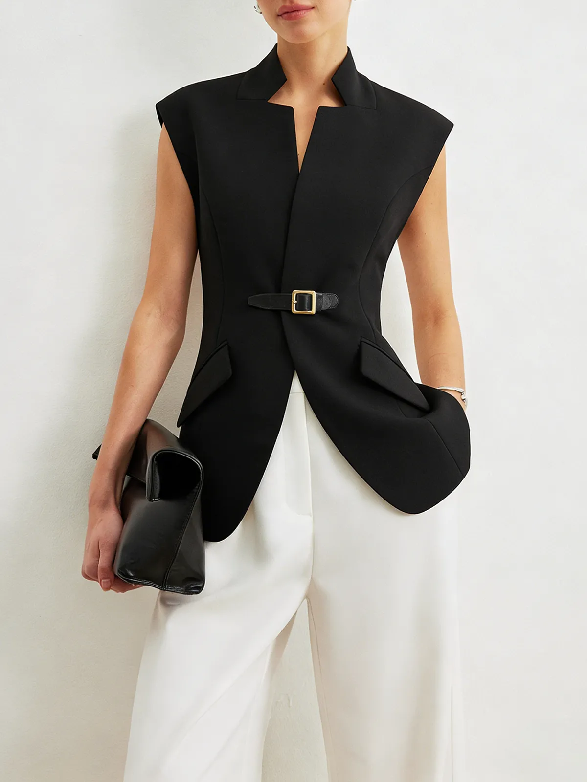 Notch Lapel Buckle Detail Blazer Vest sold by COMMENSE