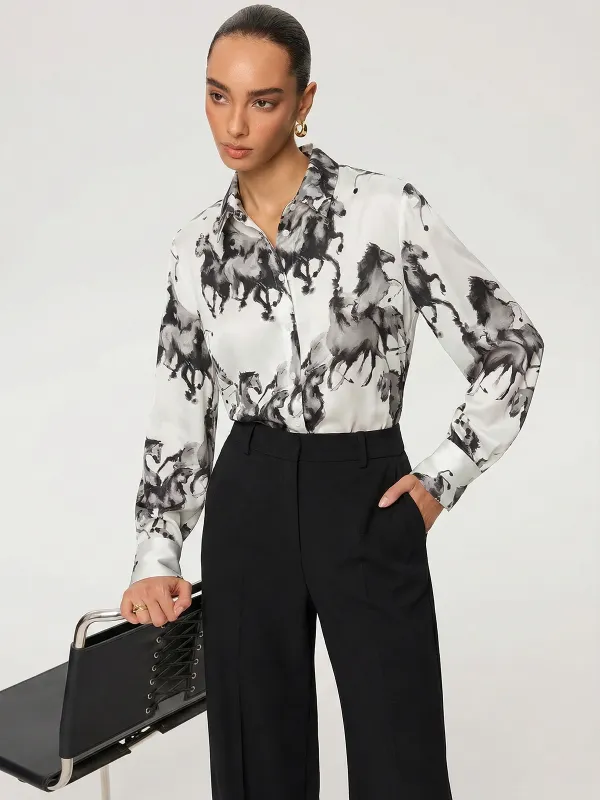 Horse Print Satin Knot-Front Long Sleeve Shirt made by COMMENSE