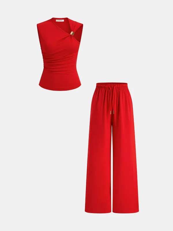 Asymmetric Ruched Top & Drawstring Pants Set sold by COMMENSE