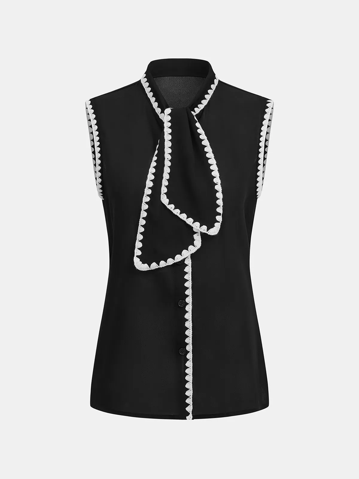 Scalloped Trim Tie-Neck Sleeveless Blouse sold by COMMENSE
