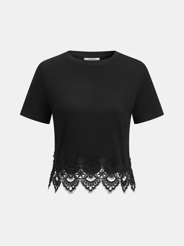 Lace Trim Short-Sleeve Crop Top sold by COMMENSE