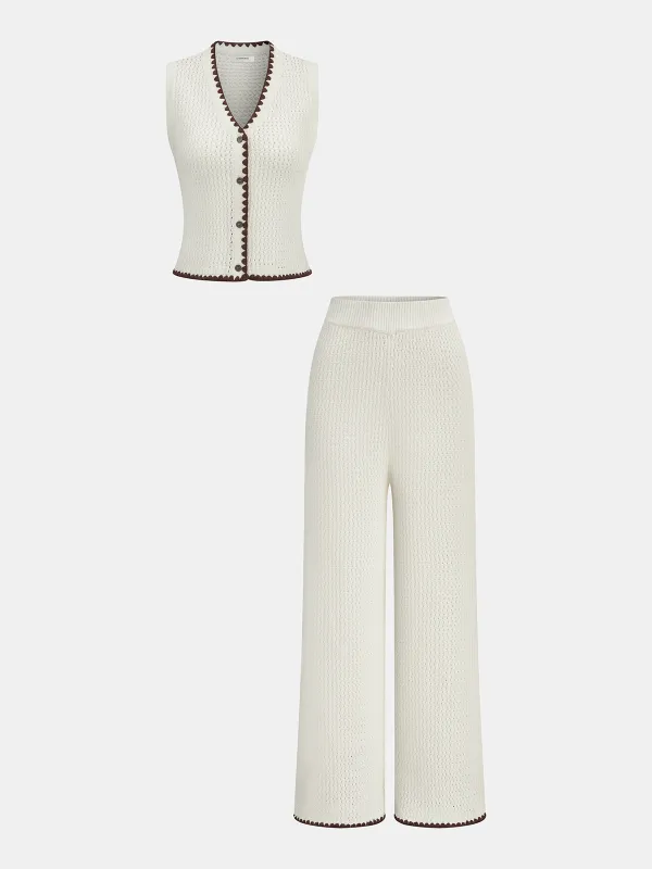 Contrast Trim Knit Vest & Wide-Leg Pants Set made by COMMENSE