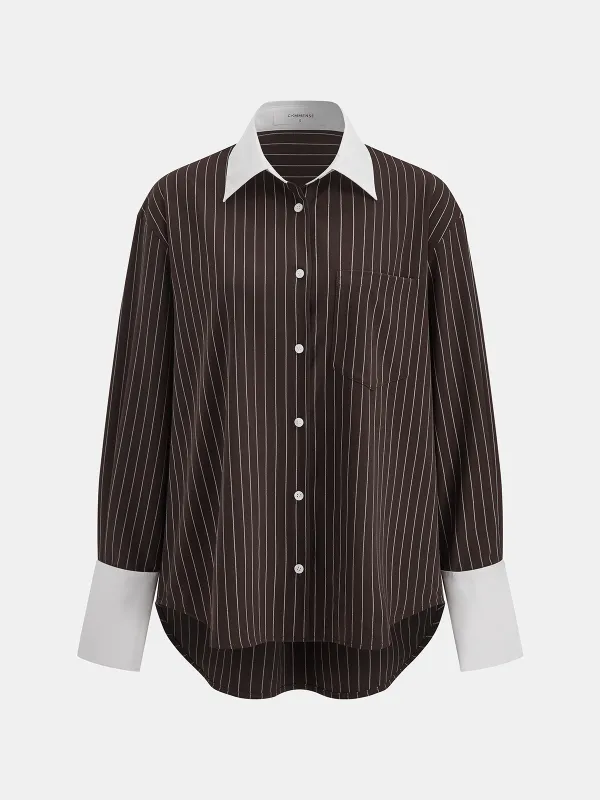 Contrast Collar Pinstripe Loose Shirt sold by COMMENSE