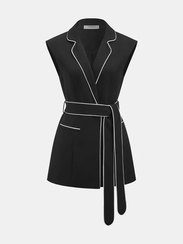Contrast Piping Belted Sleeveless Blazer Vest made by COMMENSE