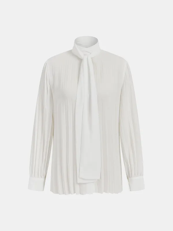 Semi-Sheer Tie-Neck Pleated Blouse sold by COMMENSE