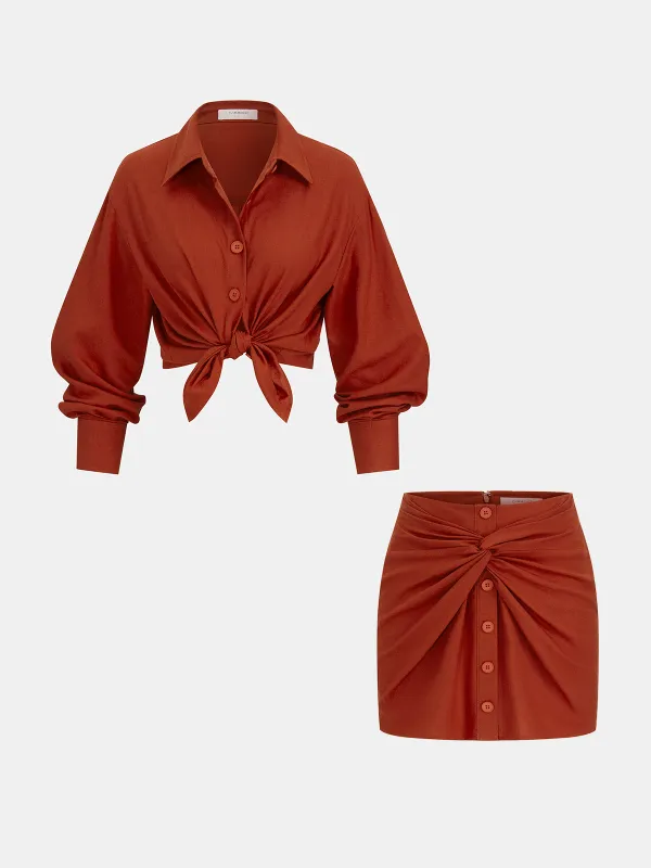 Linen-Blend Knot-Front Shirt & Mini Skirt Set sold by COMMENSE