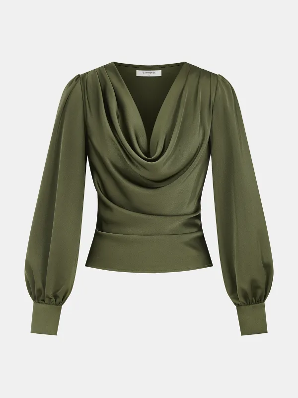 Satin Cowl-Neck Long Sleeve Blouse sold by COMMENSE