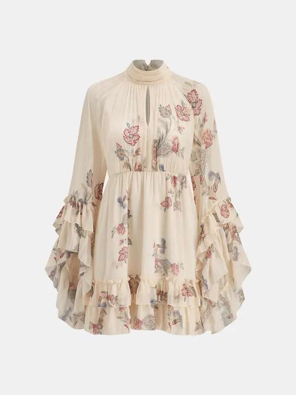Layered Ruffled Floral Chiffon Mini Dress sold by COMMENSE