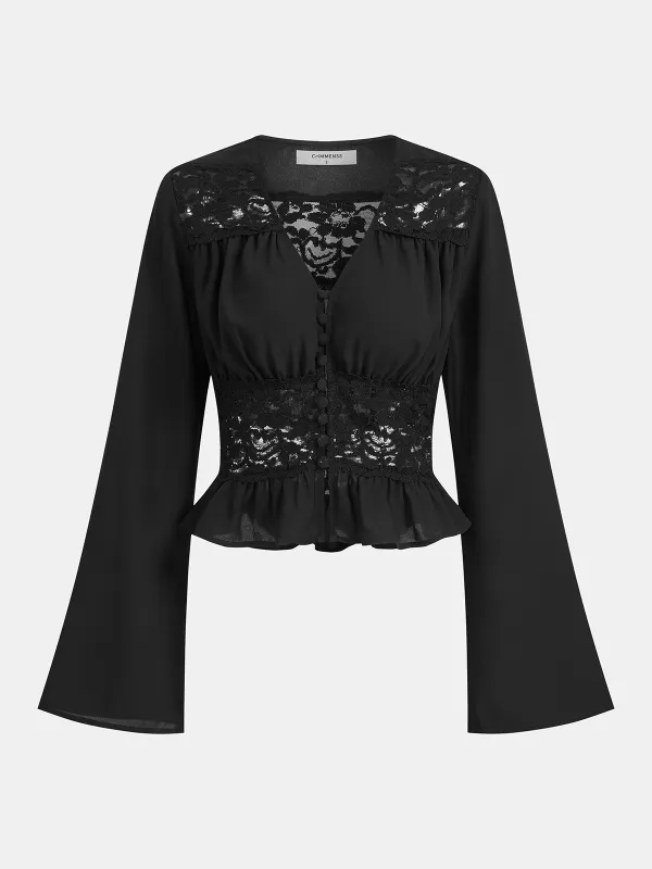Lace-Paneled Bell-Sleeve Peplum Blouse sold by COMMENSE