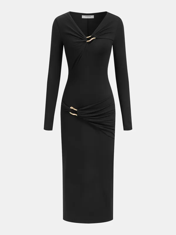 Metal Detail Long-Sleeve Midi Dress made by COMMENSE