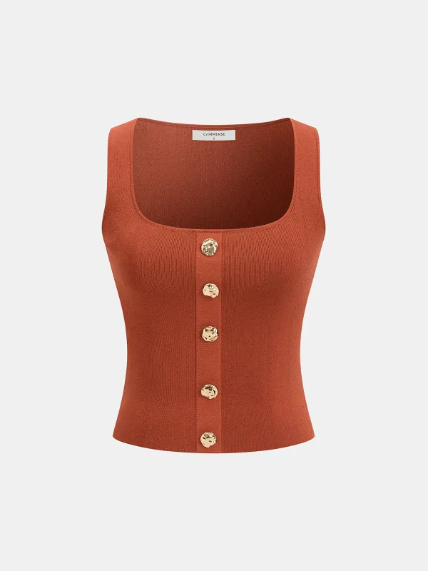 Metal Detail Square-Neck Knit Tank Top made by COMMENSE