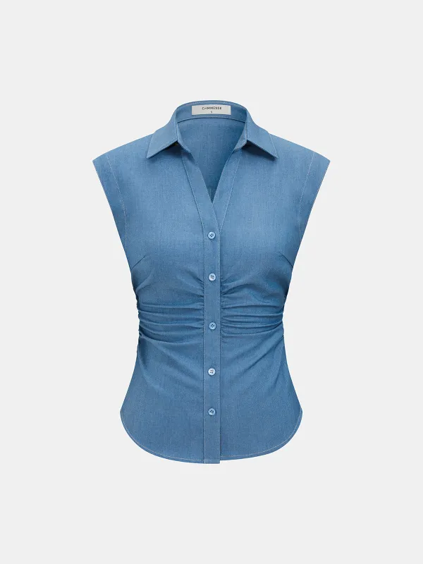 Button-Front Ruched Sleeveless Shirt sold by COMMENSE