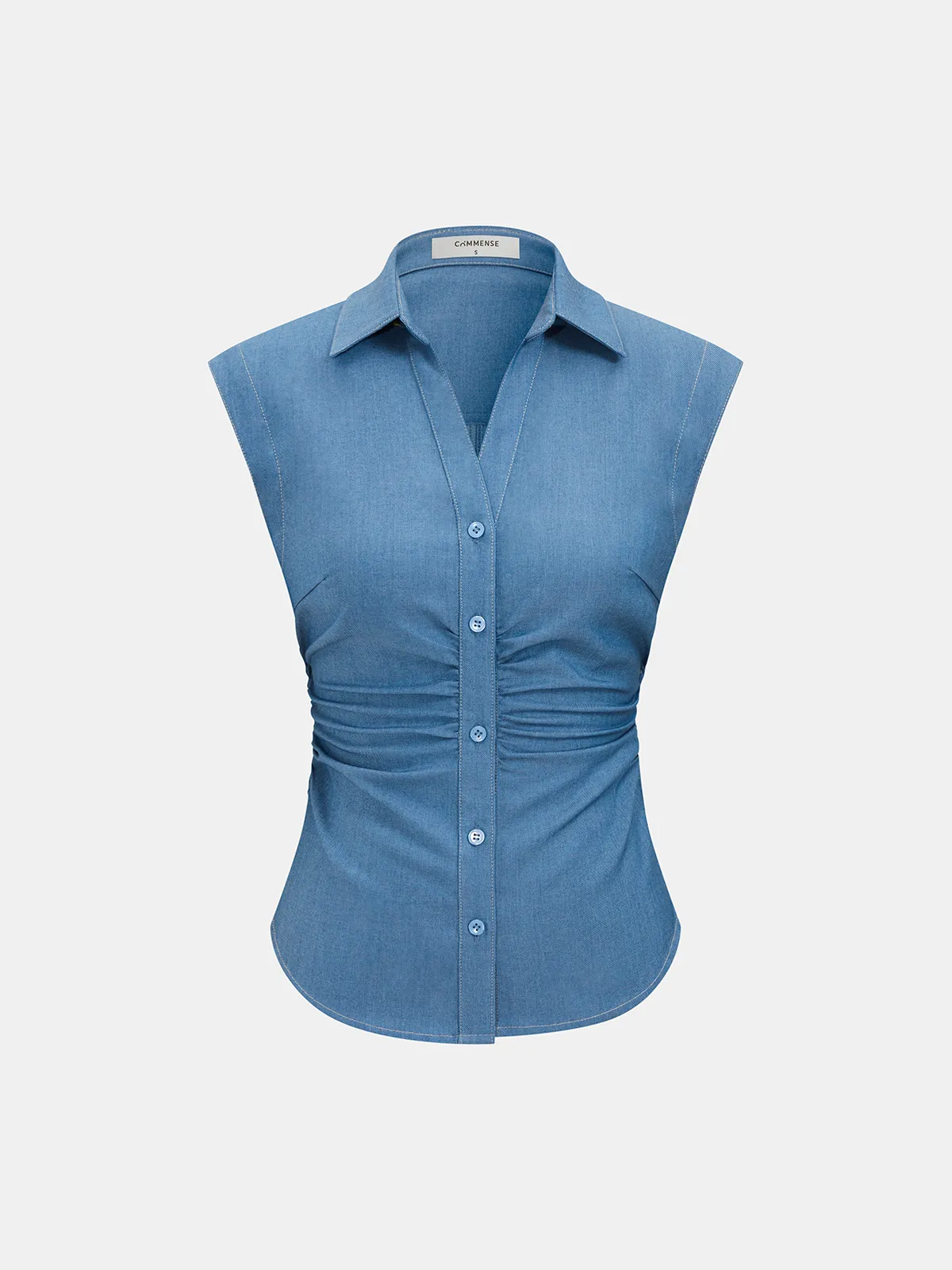 Button-Front Ruched Sleeveless Shirt sold by COMMENSE