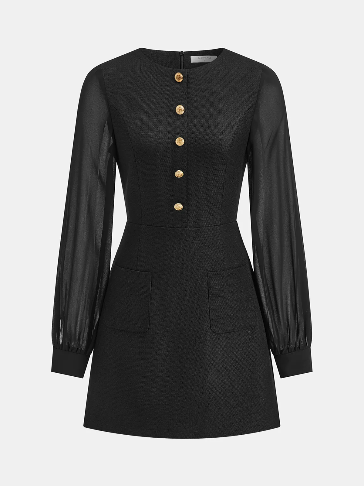 Sheer Sleeve Metal Detail Tweed Mini Dress sold by COMMENSE