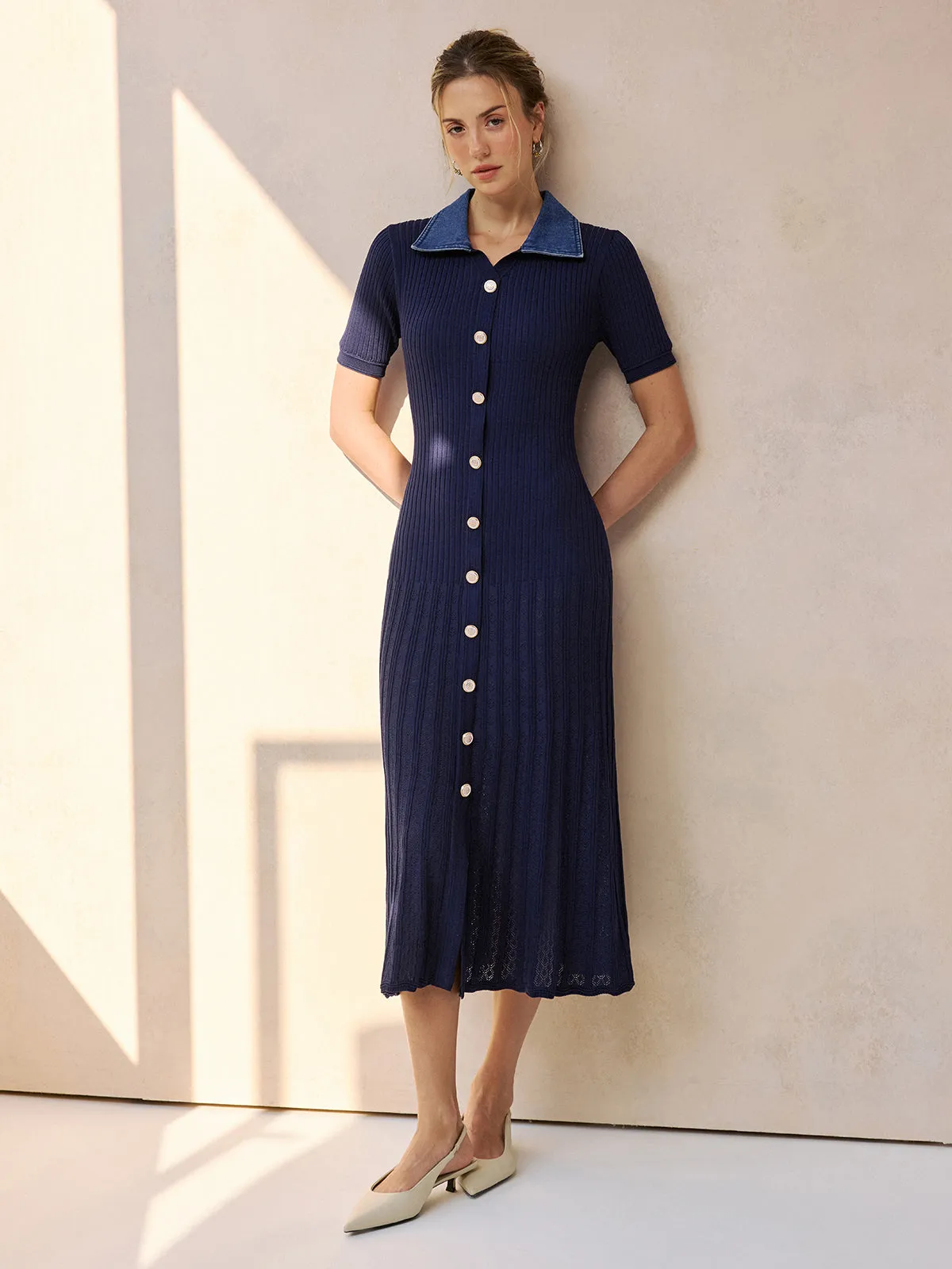 Denim Collar Ribbed Knit Midi Dress sold by COMMENSE product image thumbnail 4
