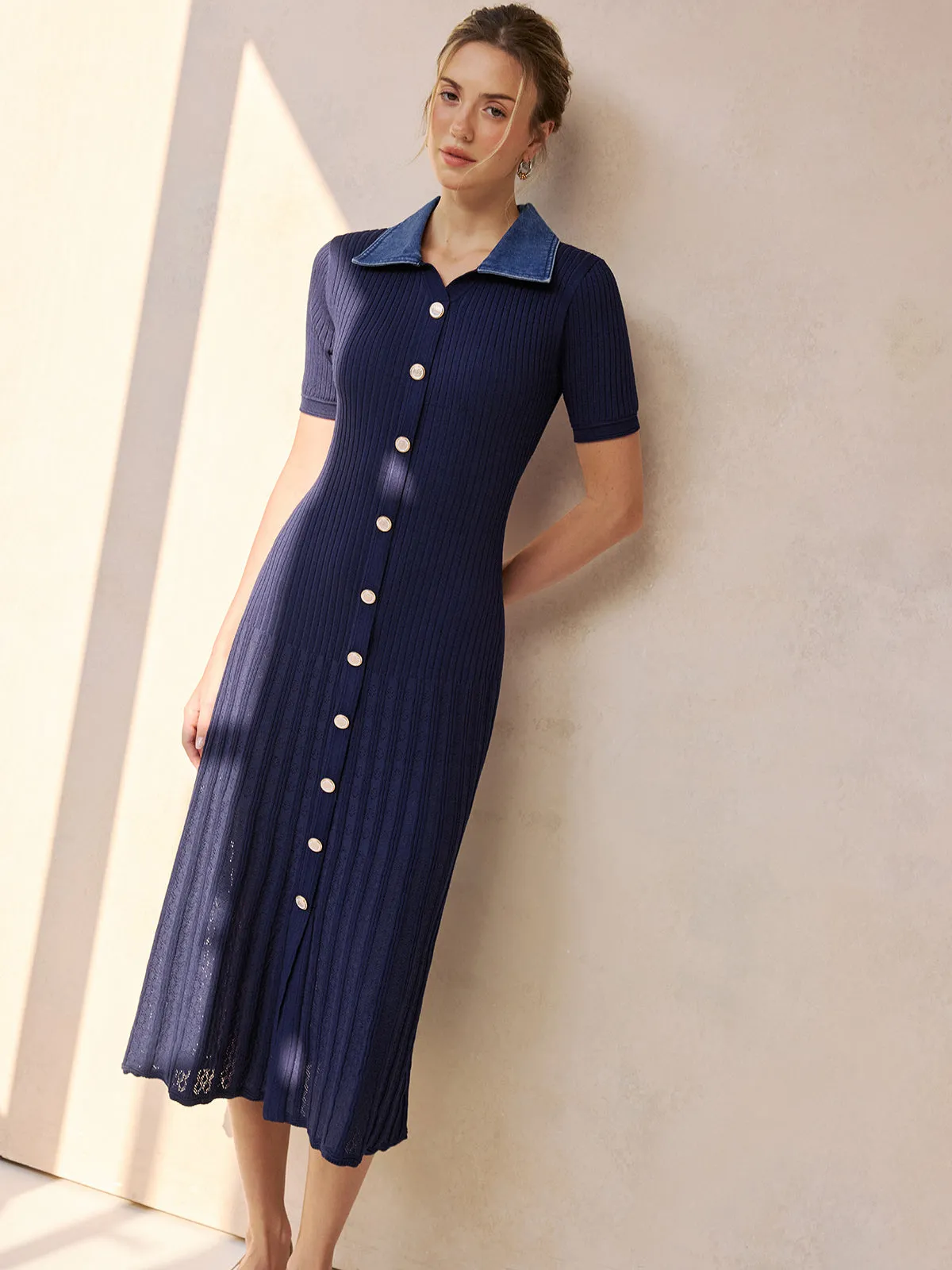 Denim Collar Ribbed Knit Midi Dress sold by COMMENSE