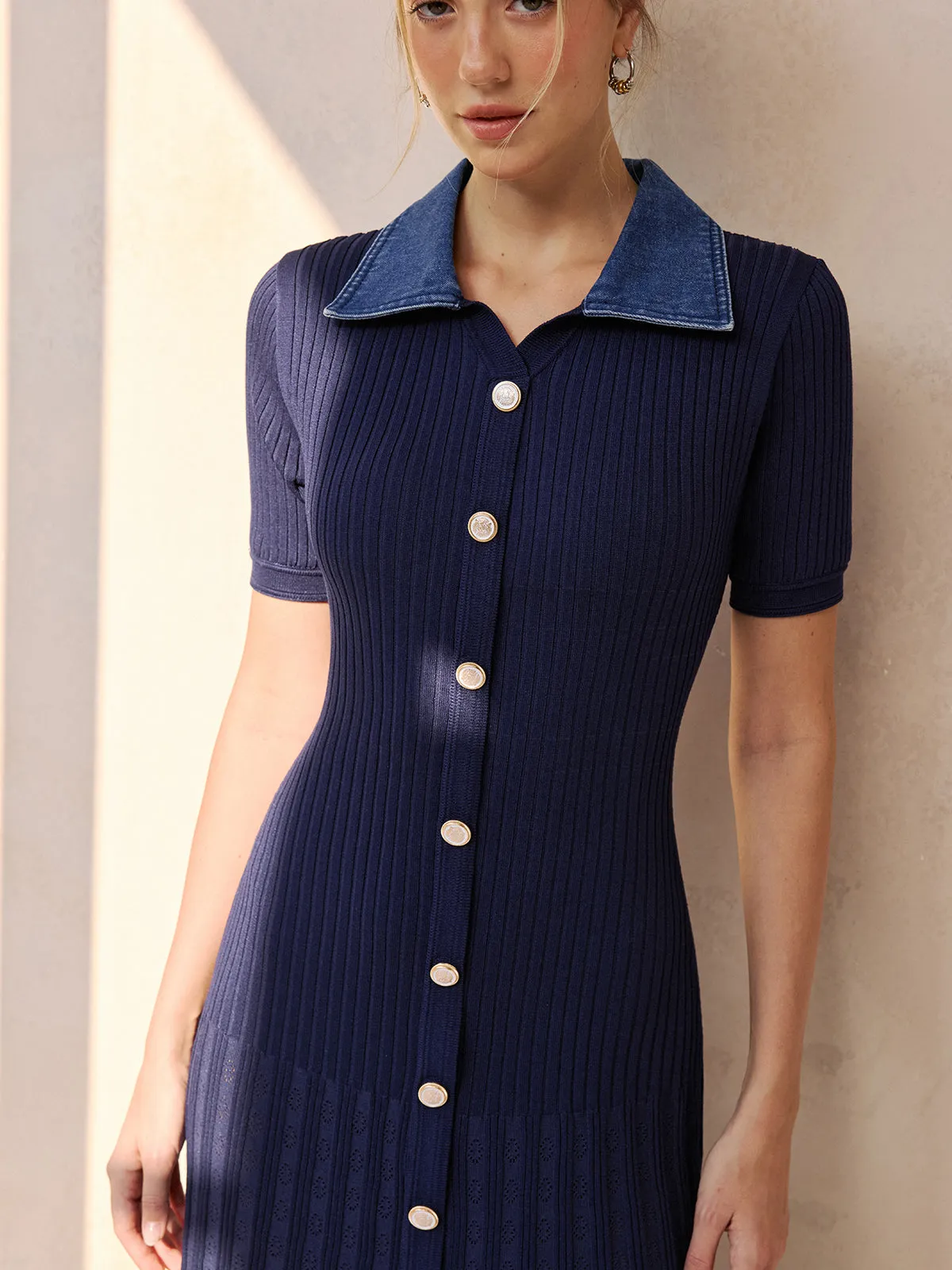 Denim Collar Ribbed Knit Midi Dress sold by COMMENSE product image thumbnail 5