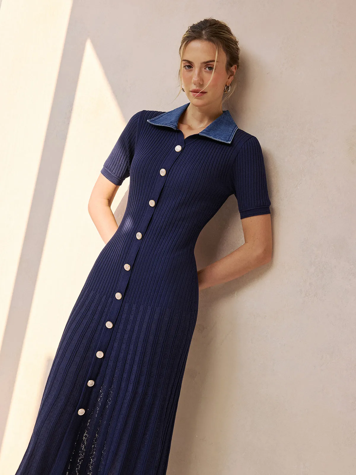 Denim Collar Ribbed Knit Midi Dress sold by COMMENSE product image thumbnail 2