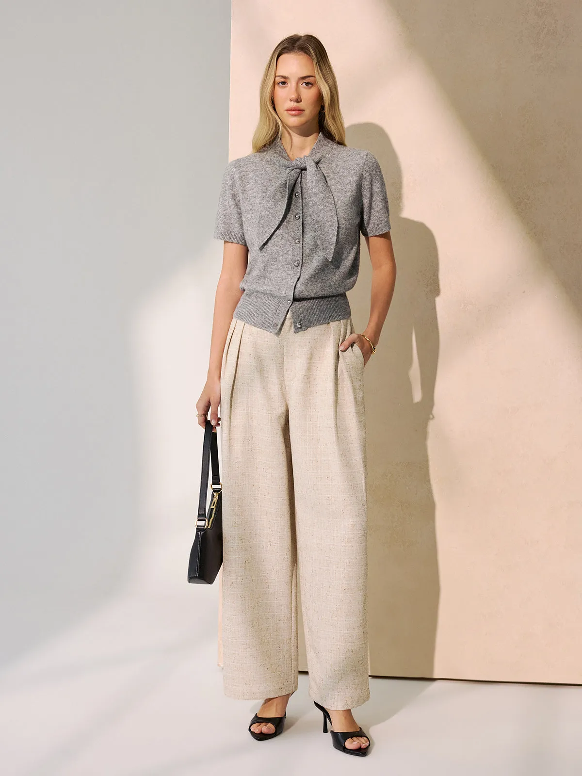 Tie-Neck Wool-Blend Short-Sleeve Cardigan sold by COMMENSE product image thumbnail 2