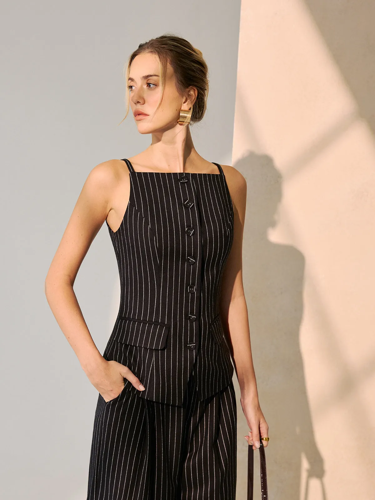 Pinstripe Cami Vest & Wide-Leg Pants Set sold by COMMENSE product image thumbnail 3