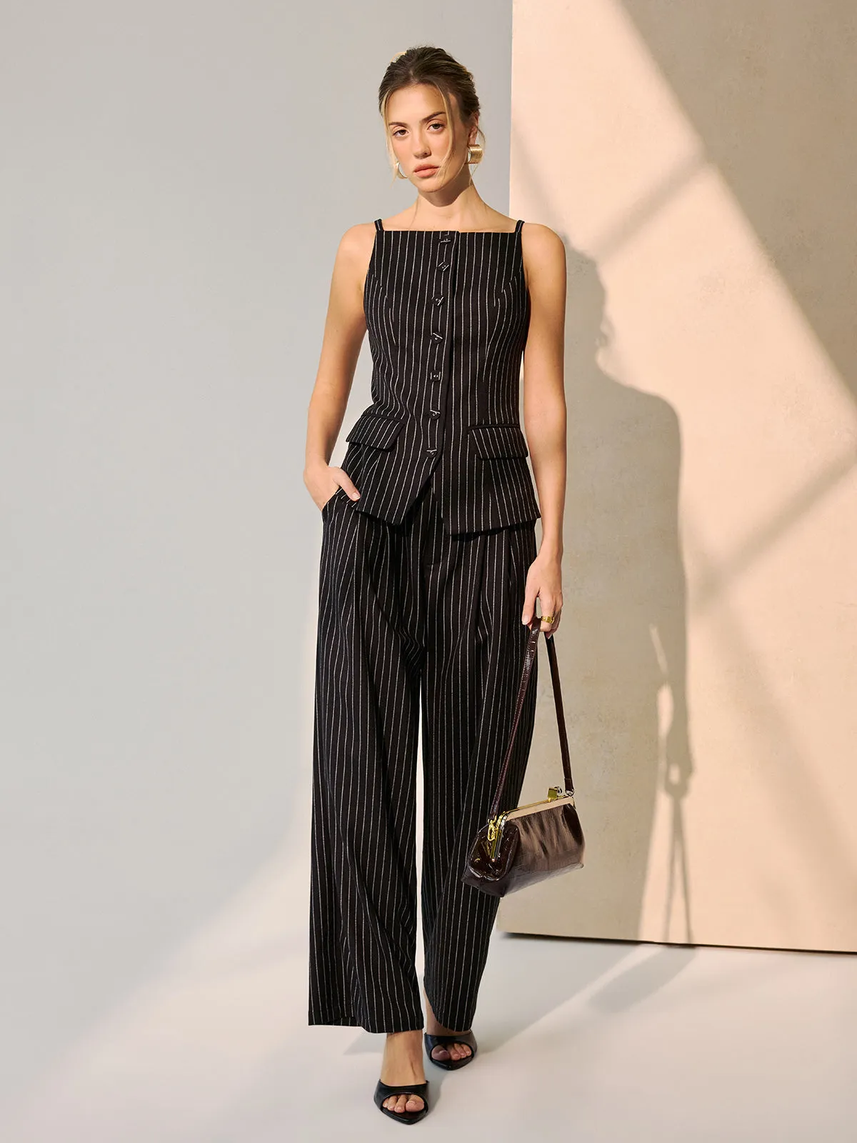 Pinstripe Cami Vest & Wide-Leg Pants Set sold by COMMENSE product image thumbnail 2