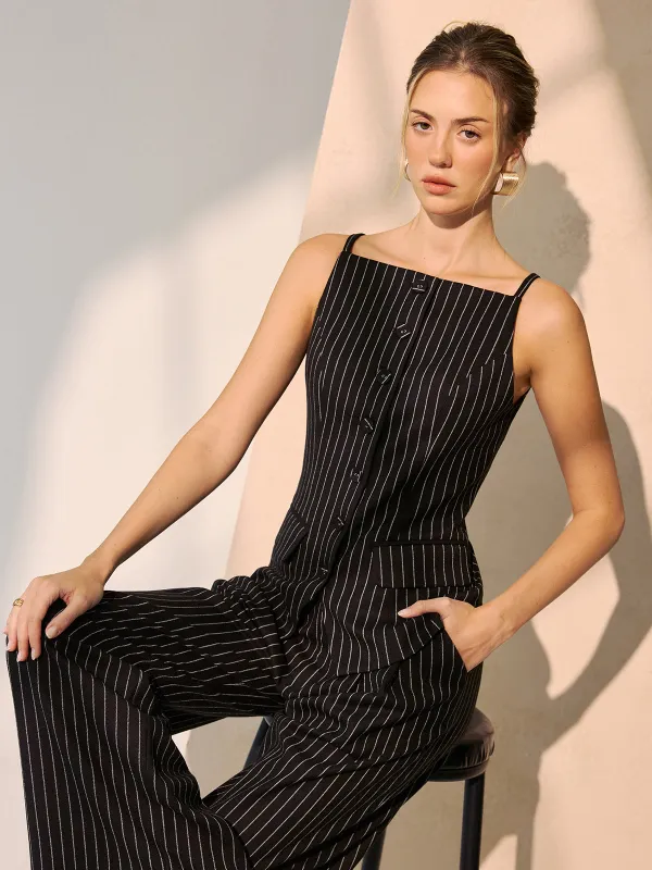Pinstripe Cami Vest & Wide-Leg Pants Set sold by COMMENSE