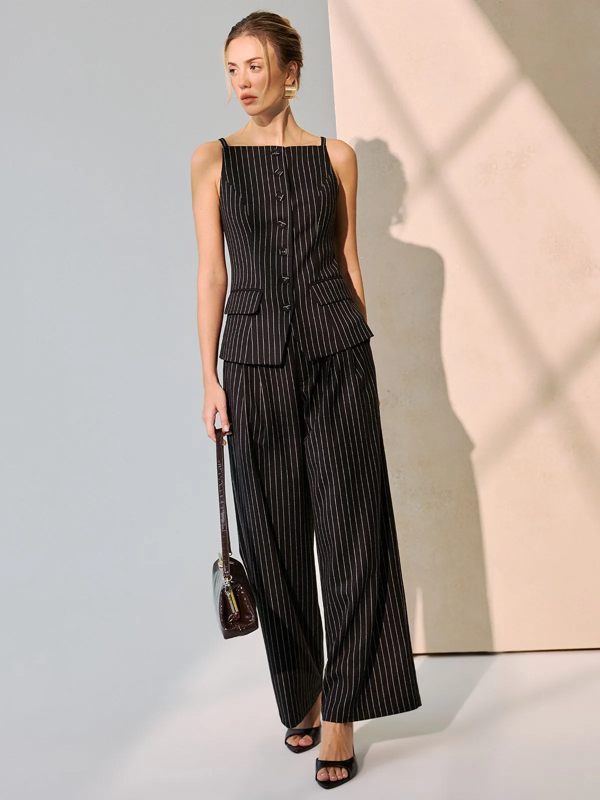 Pinstripe Cami Vest & Wide-Leg Pants Set sold by COMMENSE product image thumbnail 4